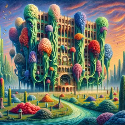 The primary subject of the image is a large, colorful building with a clock tower. The building is surrounded by a lush garden with various flowers and trees. The setting is a grassy area with a path leading to the building. The visual style is a combination of digital art and illustration, creating a vibrant and whimsical atmosphere. The dominant colors are green, pink, and orange, with the building being predominantly green and the flowers adding pops of pink and orange.